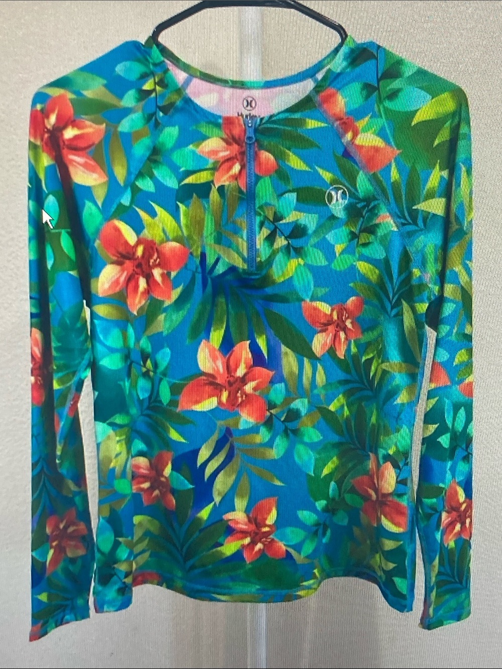 Hurley Teal Multi Tropical Floral Zip Rash Guard